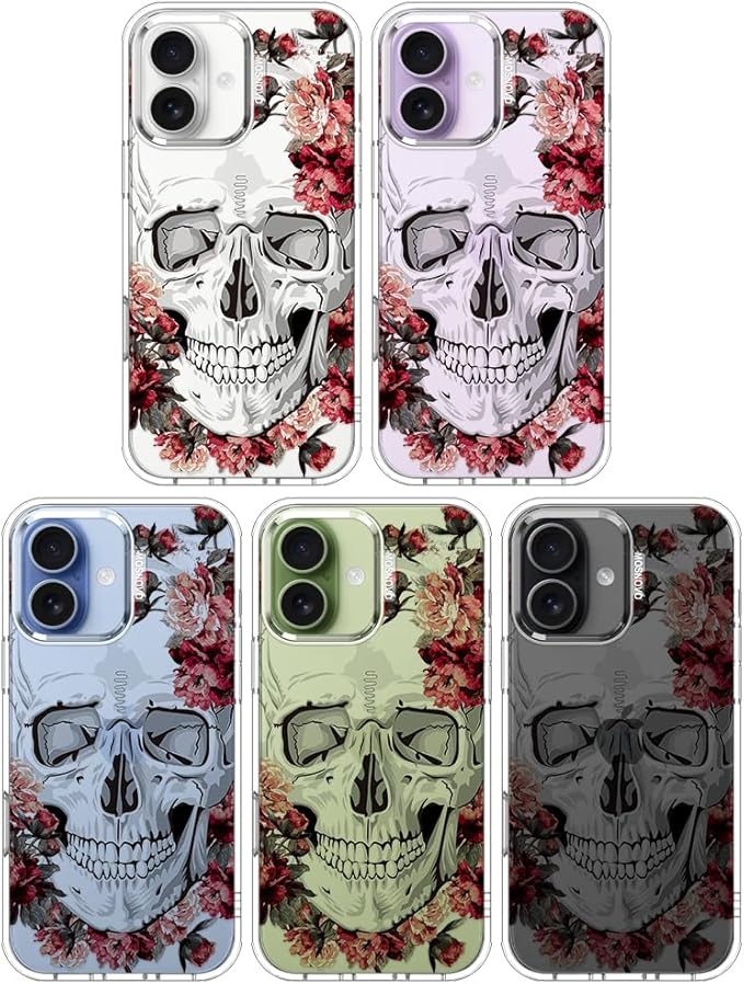 MOSNOVO for iPhone 17 Case | Military Grade 6.6ft Drop Tested | Camera Control | Clear with Red Flower Skull Design