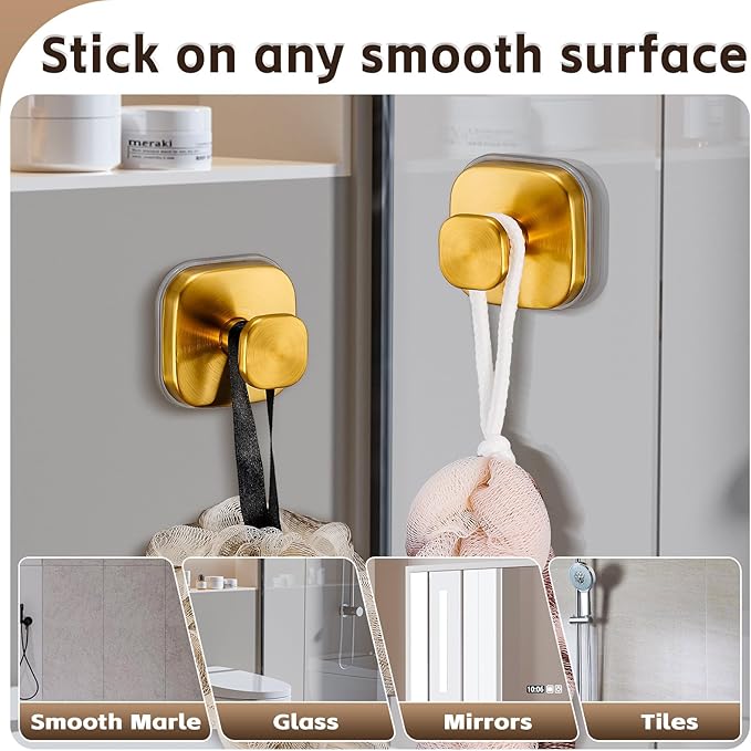 Suction Cup Hooks for Shower Heavy Duty No-Drill– Reusable Multi-Purpose Hooks Adheres to Glass, Mirrors, Tiles & Smooth Surfaces for Towels, Robes, Loofah& Body Sponge (4, Brushed Gold)