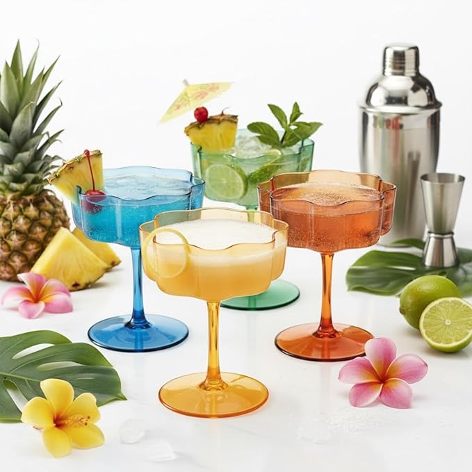 Khen Shatterproof Acrylic Flower Wavy Vintage Art Deco Martini, Champagne & Cocktail Muted Pastel Color Plastic Tritan Coupe Glasses | 4 Set | 8.5oz Glassware Classic Cocktail Indoor & Outdoor Set