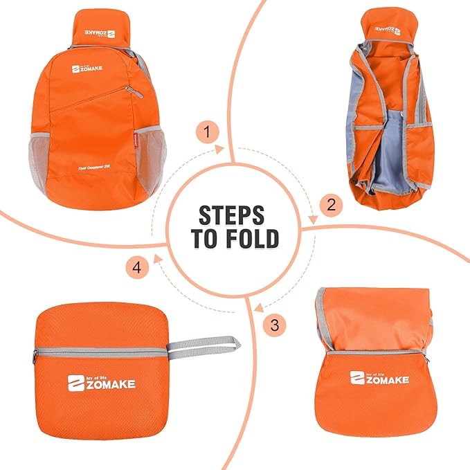 ZOMAKE Lightweight Packable Backpack,Foldable Backpacks Small Daypack for Hiking Water Resistant Day Bag for Travel(Orange)