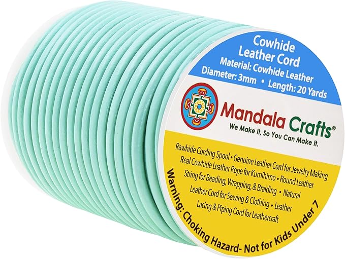 Mandala Crafts Round Genuine Mint Leather Cord for Jewelry Making – 3mm Cowhide Leather Rope String Lace for Kumihimo – 20 Yards Cowhide Craft Cording Spool