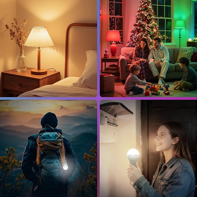 Neporal Rechargeable Light Bulbs, Back Up Battery Light Bulbs, 15W 80W Equivalent 5000K 1200mAh Battery Operated Light Bulb, Emergency Lights for Home Power Failure, Pack of 4 (9 Colors 4PK)