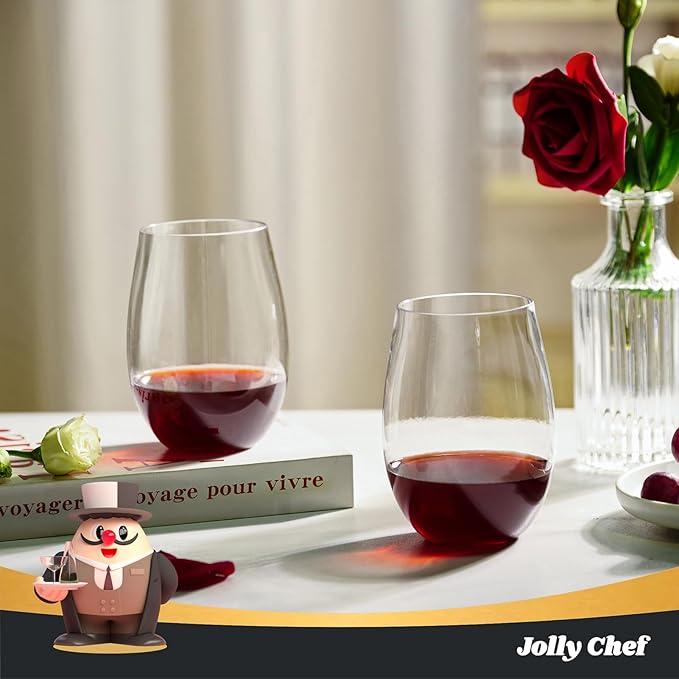JOLLY CHEF 24 Pack 16oz Plastic Wine Glasses Stemless, Disposable Wine Cups, Premium Quality, Recyclable, Unbreakable, Ideal for Wedding, Birthday, Party, Christmas