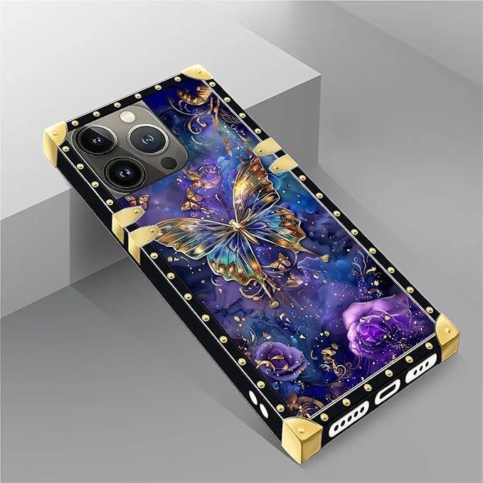 Compatible with iPhone 14 Pro Case, Glistening Golden Butterfly Vibrant Purple Blue Luxury Golden Decoration for Girl Women Soft TPU Shockproof Protective Hard PC Back