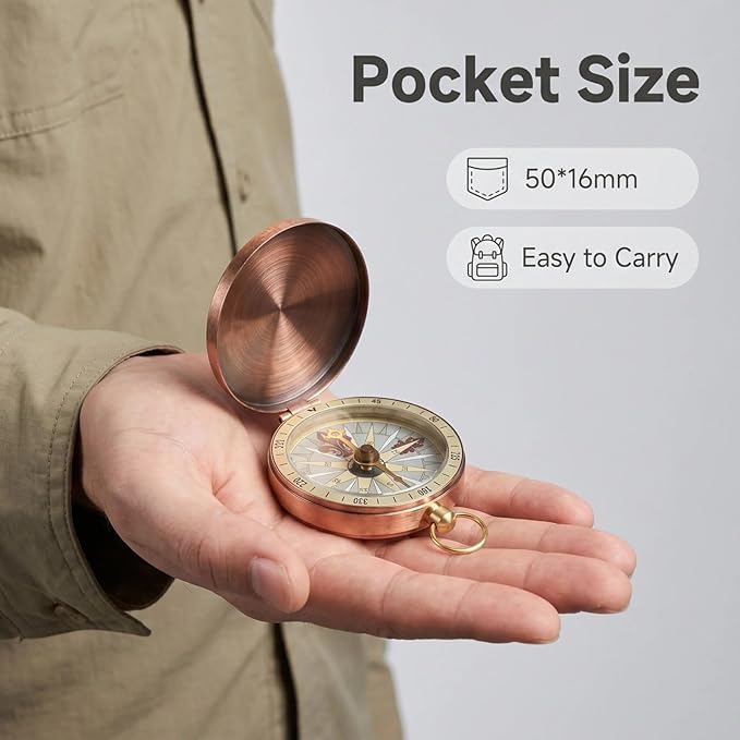 Pocket Compass, Antique Compass Pocket Watches, Copper Flip Cover Pockets Watch Compasses, Portable Camping Watch Flip Compasses for Camping Hiking Boating Backpacking