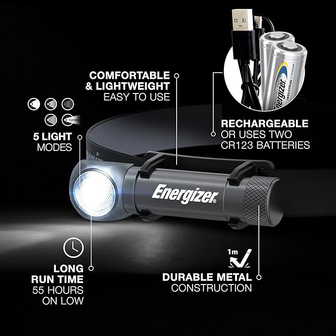 Energizer LED Headlamp Rechargeable X1000, Ultra Bright IPX4 Water Resistant Head Light, 1000 Lumen Turbo Mode, Headlamp for Outdoors, Power Outage Emergency, (USB Cable Included)
