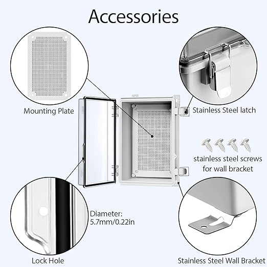 LeMotech Electrical Box, IP67 Waterproof Hinged Clear Cover Stainless Steel Latch Junction Box, ABS Plastic Electrical Enclosure with Mounting Plate,Wall Brackets, Cable Glands,11.8"x7.7"x5.2",Grey