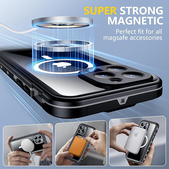 Red2Fire for iPhone 15 Pro Max Case Waterproof, [Built-in Screen Protector & Camera Protector][Compatible with MagSafe][Full Body Shockproof][IP68 Waterproof][Dustproof] Phone Case 6.7" Black/Clear