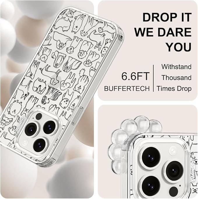 MOSNOVO Case for iPhone 15 Pro, [Buffertech 6.6ft Military-Grade Drop Protection] [Anti Peel Off Tech] Clear TPU Bumper Phone Case Cover Design - Doodle Dog