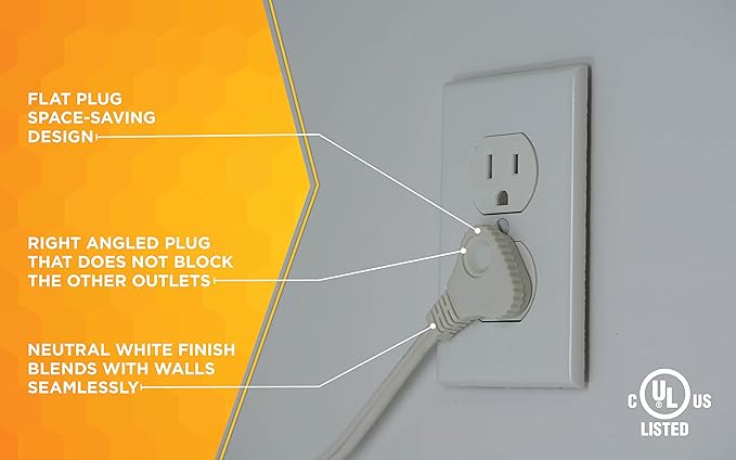 Woods SlimLine Extension Cord - 16/3 Indoor Flat Plug with Right Angled Design - 3 Polarized Outlets - PVC Jacket - Space Saving - Neutral White - 16 Gauge - 3 Feet