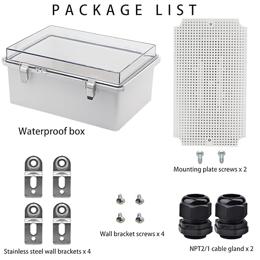 Waterproof Electrical Box with Mounting Plate, IP67 Junction Box Stainless Steel Latch Hinged Clear Cover Project Enclosure with Wall Bracket and 2 Glands 10.2" x 6.3" x 3.9"