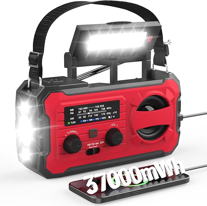 NITIGO 10000mAh Emergency Radio, NOAA Weather Radio with AM/FM, 37000mWh Rechargeable Phone Power, USB/Solar/Hand Crank Charging, LED Flashlight, SOS Alarm, Reading Lamp for Indoor/Outdoor Emergencies