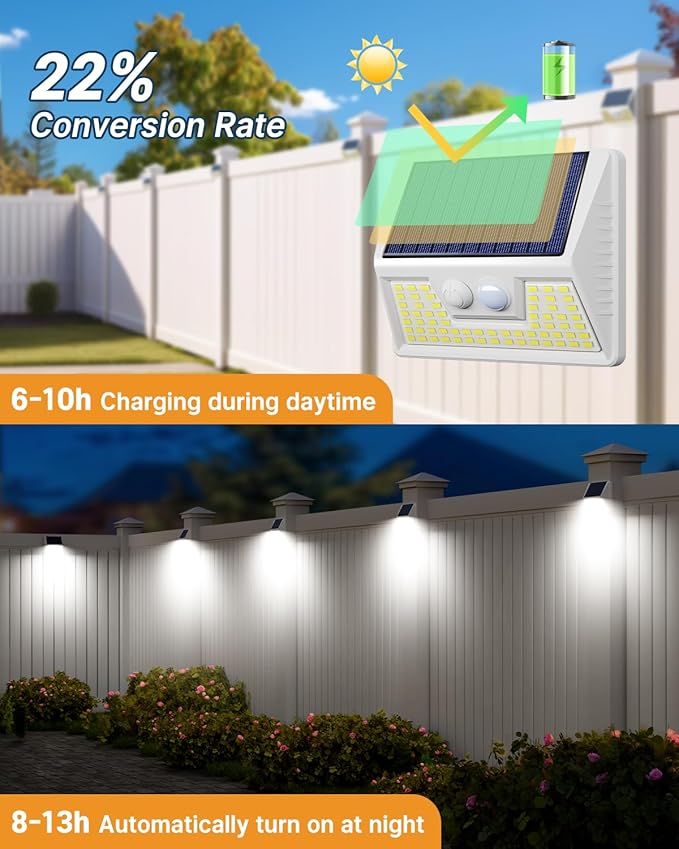 vighep 4 Pack Solar Fence Lights Waterproof, Motion Sensor Deck Lights Outdoor, Cold White LED Outside Lights Wireless for Wall Yard Steps Stairs Garden - White