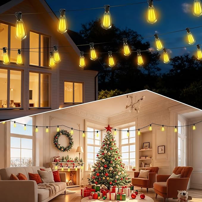 Outdoor Solar String Lights Waterproof: ST38 100ft Shatterproof Patio Lights - Solar Powered & USB Dual Charging - 3 Modes Button Control - Garden Backyard Gazebo Porch Party Decor