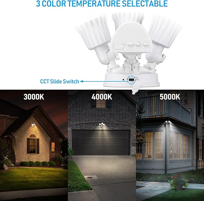 LEONLITE 3CCT LED Security Light Motion Sensor, Aluminum Flood Lights Outdoor, 3 Modes Motion Detector+Dusk to Dawn+Switch Control, 3000K/4000K/5000K Selectable, IP65, Adjustable 3-Head, ETL, White