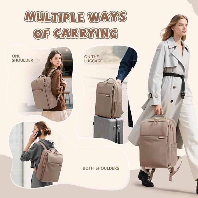 Laptop Backpack for Women, Work Business Traval Computer Backpacks with Laptop Compartment Waterproof Casual Daypack for Travel College,16Inch,Champagne Brown