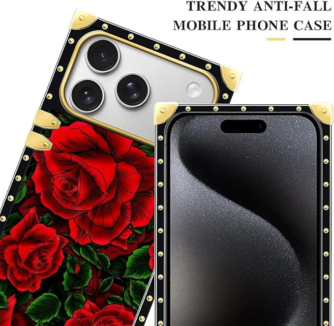 for iPhone 17 Pro Case Luxury Golden Decoration for Girl Women Soft TPU Shockproof Protective Hard PC Back for iPhone 17 Pro Crazy Pattern Vector Red Rose Green Leaf