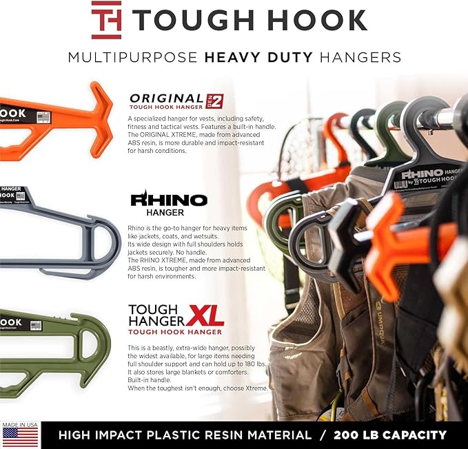 Tough Hook Original Heavy Duty Hanger, Anti-Slip Tactical Hanger for Police Gear, Scuba Gear, Wetsuit and Diving BCD, 200 lb Capacity, Made in USA, Black 3-Pack