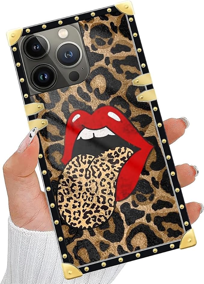 Compatible with iPhone 14 Pro Case, Brown Leopard Print Mouth Luxury Golden Decoration for Girl Women Soft TPU Shockproof Protective Hard PC Back for iPhone 14 Pro