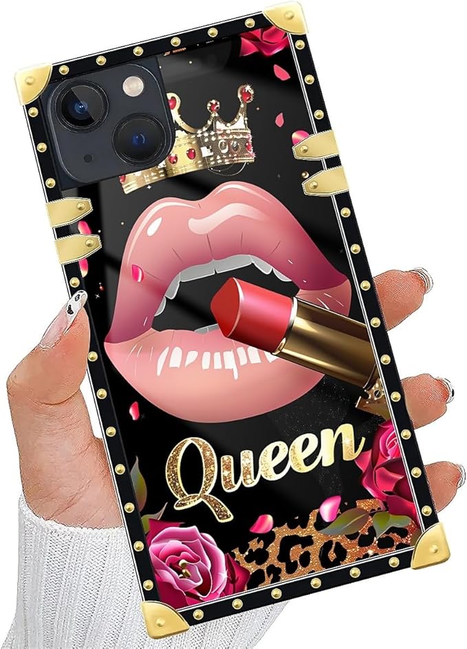 Compatible with iPhone 15 Case, Glitter Red Rose Queen Leopard Lipstick Luxury Golden Decoration for Girl Women Soft TPU Shockproof Protective Hard PC Back for iPhone 15