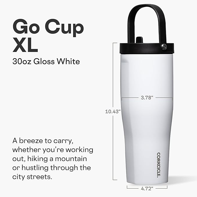 Corkcicle Go Cup XL - Leak-Proof Travel Tumbler - Triple Insulated Stainless Steel Water Bottle - Easy-Carry Handle - Summer Drinkware Gift - Keeps Drinks Ice Cold - 30 oz - Gloss White