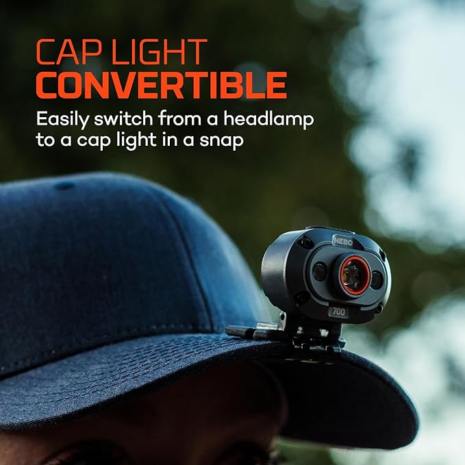 NEBO MYCRO 700 Headlamp | USB-C Rechargeable 700 Lumen Headlamp, 6 Light Modes, White Red & Green Light, IPX4 Water Resistant, Adjustable Strap, Cap Light Convertible