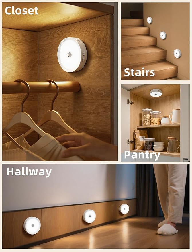 Under Cabinet Lighting, LED Puck Lights with Remote, Rechargeable Motion Sensor Lights Indoor, Dimmable Stick On Lights 3 Color Temps & 12 RGB Under Counter Lights for Kitchen, Stairs White 3 Pack