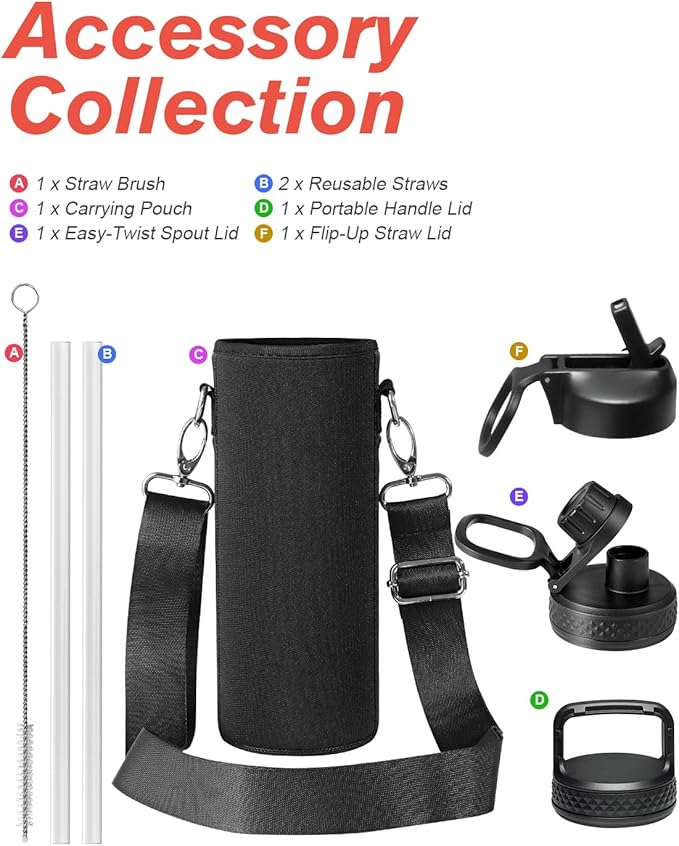 Coolflask Water Bottle 20 oz Insulated with Straw, Stainless Steel Metal 3 Lids Water Flask Wide Mouth for Sports or Office, Non-BPA Keep Cold Up to 48 Hrs or Hot Up to 24 Hrs, Magic Black