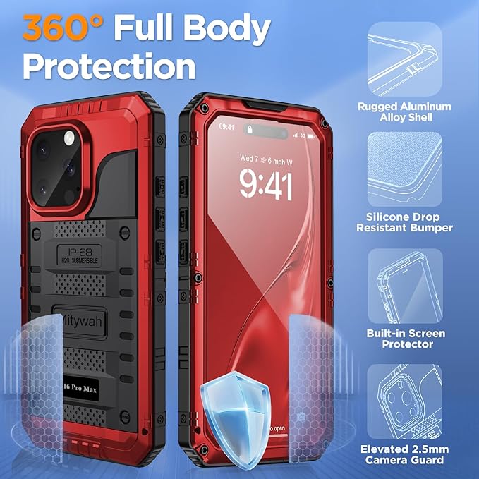 Mitywah Waterproof Case for iPhone 16 Pro Max, Heavy Duty Metal Cover with Built-in Screen Protector, Military Grade Full Body Shockproof Rugged Protective Phone Case 6.9 inch, Red