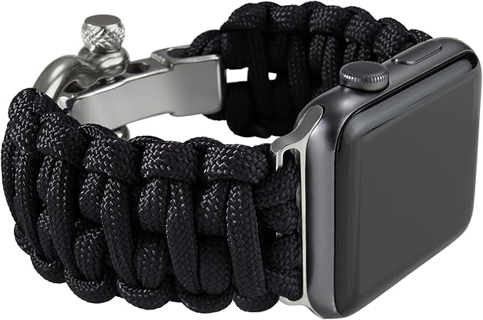 Savior Survival Gear Paracord Watch Band,Compatible with Apple Watch Band 49mm 46mm 45mm 44mm 42mm,iWatch Band Series Ultra 10 9 8 7 6 5 4 3 2 1 SE,Adjustable strap for men(Black w/ Gray Clasp, Large)