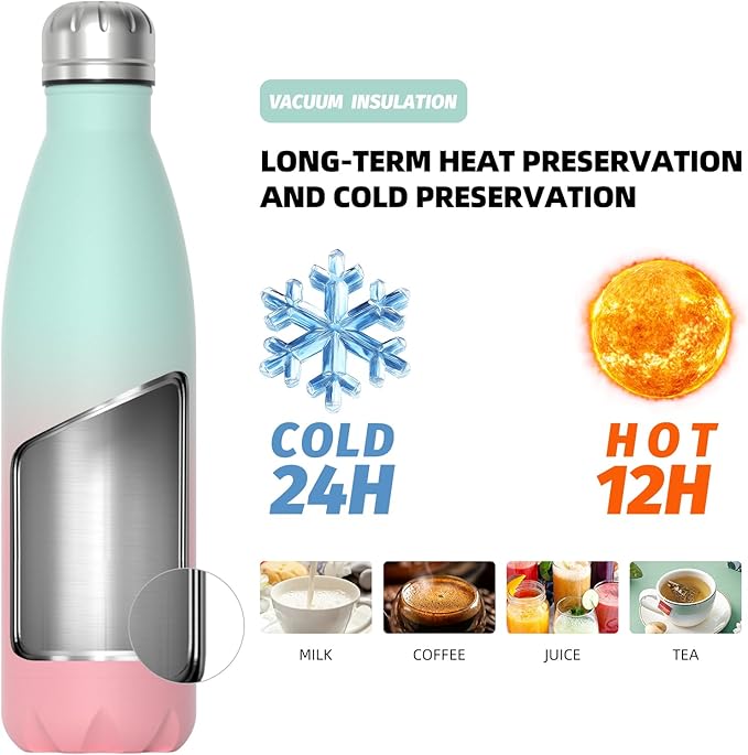 WATERSY Stainless Steel Water Bottle, 17oz/500ml Insulated Pink Bottle Keeps Drink Cold and Hot, BPA Free for School, Gym, Travel, Sports