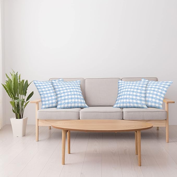 Ambesonne Checkered Decorative Throw Pillow Case Pack of 4, Gingham Motif with Little Hearts Pastel Blue Shower Theme, Cushion Cover for Couch Living Room Car, 16", Pale Blue White