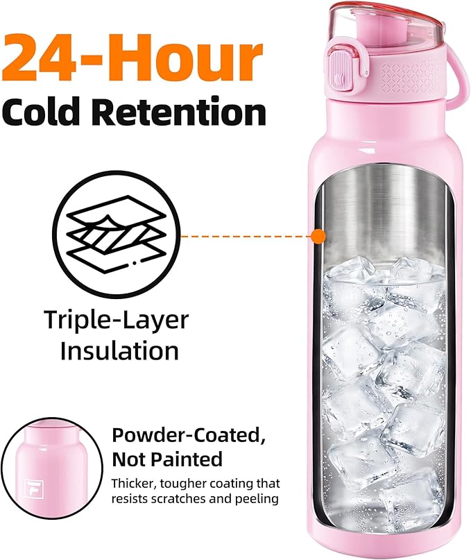 Fanhaw Daylite Series 24 oz Stainless Steel Insulated Water Bottle with Silicone Spout Lid, Double-Wall Vacuum Leakproof Metal Bottle, Anniversary Birthday Gift for Kids, Women & Men (Pink)