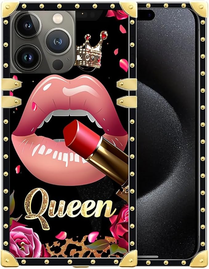 Compatible with iPhone 16 Pro Max Case, Glitter Red Rose Queen Leopard Lipstick Luxury Golden Decoration for Girl Women Soft TPU Shockproof Protective Hard PC Back