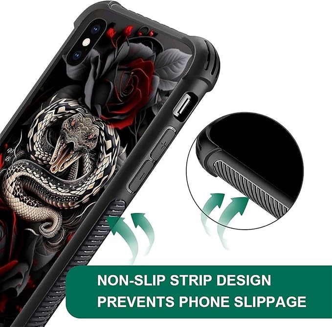 for iPhone X/Xs Case, Entwined Rose Snake Pattern Graphic Design Girl Boy Soft Silicone Hard Acrylic Shock Protection for iPhone X/Xs