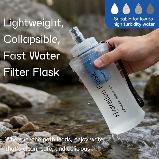 GUYI 700ml Collapsible Water Filter Bottle, Removes Impurities, BPA Free, Ultralight for Hiking, Camping, Cycling & Travel-White