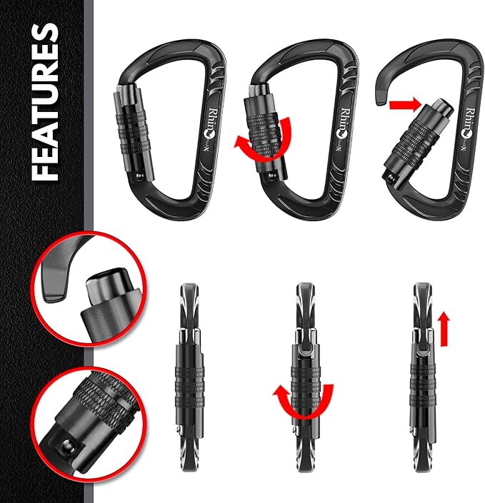 Rhino Produxs 12kN (2697 lbs) Heavy Duty Carabiner Clips, for Securing Pets, Outdoor, Camping, Hiking, Hammock, Dog Leash Harness, Keychains