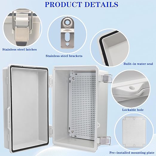 Waterproof Electrical Box Junction Box Weatherproof IP67 ABS Plastic Enclosure Switch Router Project Box Electronics DIY Enclosure with Mounting Plate and Wall Bracket Grey 11.8"x7.9"x5.1"