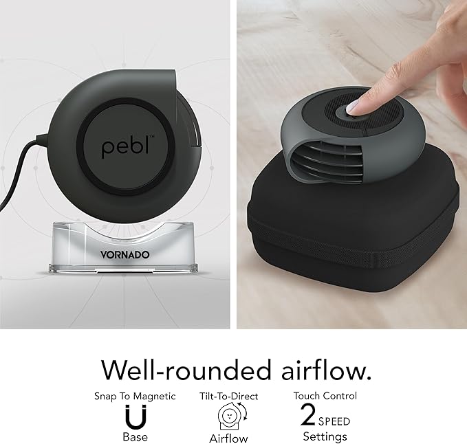 Vornado PEBL PAK Portable USB Desk Fan with Magnetic Base, Neoprene Travel Case Stand, 2 Speed Settings, Adjustable Airflow, Personal Cooling for Office, Home and Travel