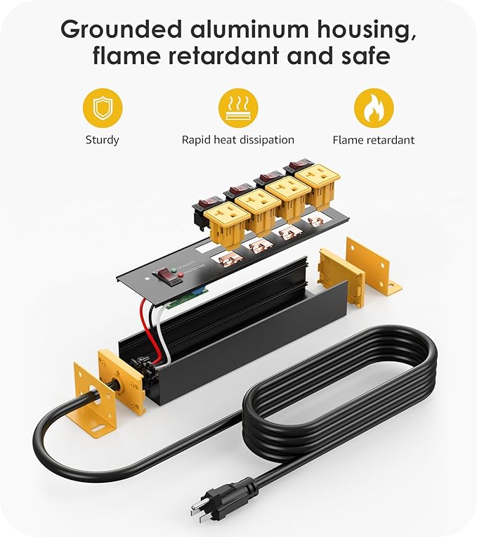 CCCEI Heavy Duty Surge Protector Power Strip 20 Amp Individual Switches. 10FT 12 Gauge Extension Cord with Multiple Outlets. Kitchen, Garage, Shop, Industrial Wall Mount Electric Extender, Yellow.