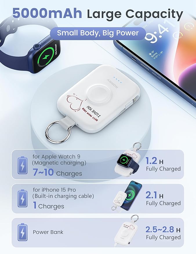 RORRY Portable Charger, 5000mAh Portable Charger Power Bank with Built-in Cables, Travel Keychain Battery Pack for Apple Watch Ultra/11/10/9/8/7/6/SE, iPhone Air/17/16/15/14/13/12, Mom-White