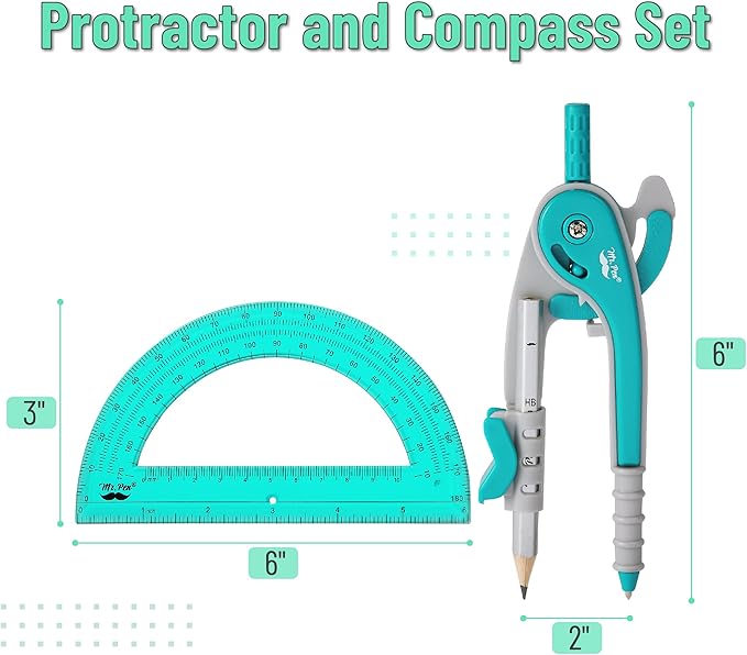 Mr. Pen- Geometry Compass and Protractor Set, 6 Inch Compass, 6 Inch Protractor, Drawing Tool for School, Clear Plastic, Easy Grip, Precision Design for Math, Art, Drafting, Architecture