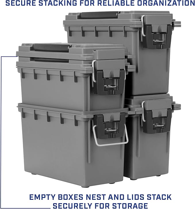 Sheffield 12759 4-Pack Ammo Storage Box, Stackable .30 Cal Field Boxes, Water and Dust Resistant, Lockable Storage Box with Handle, Secures Hunting Gear, Supplies, and Bullets, Made in USA, Gray
