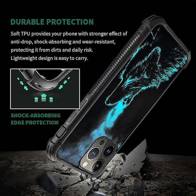 for iPhone 16 Pro Case, Blue Breathing Wolf Pattern Graphic Design Girl Boy Soft Silicone Hard Acrylic Shock Protection for iPhone 16 Pro