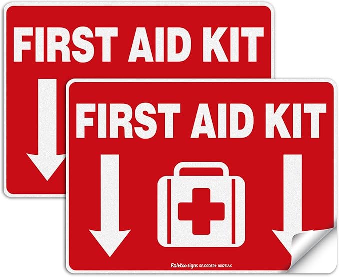 First Aid Kit Sticker, First Aid Kit Sticker Decal for Home, Schools and Business, 2 Pack, 10 x 7 inch Self-Adhesive Vinyl Decal Stickers, Reflective, UV Protected, Waterproof