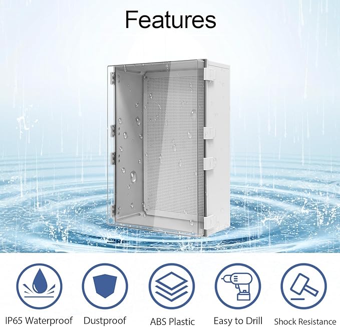 Electrical Box, IP65 Waterproof Dustproof ABS Plastic Enclosure, Outdoor and Indoor Project Box Hinged Clear Cover with Mounting Plate Wall Brackets,Outer Dimension 23.6"x 15.7" x 8.7", Grey
