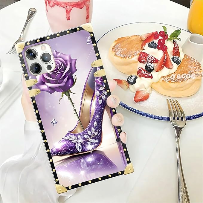 Compatible with iPhone 12 12 Pro Case, High Heeled Purple Diamond Rose Luxury Golden Decoration for Girl Women Soft TPU Shockproof Protective Hard PC Back for iPhone 12 12 Pro