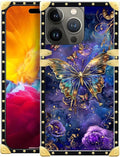 Compatible with iPhone 15 Pro Case, Glistening Golden Butterfly Vibrant Purple Blue Luxury Golden Decoration for Girl Women Soft TPU Shockproof Protective Hard PC Back