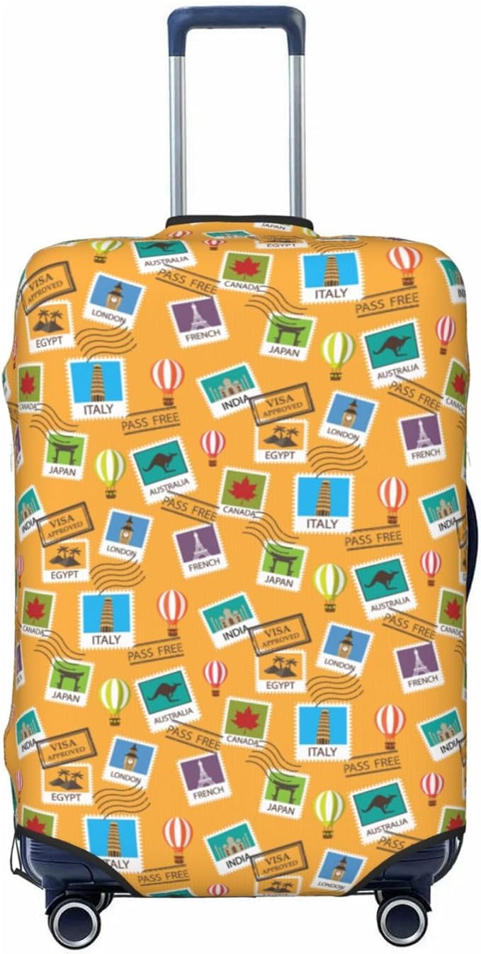 World Map & Stamps Print Elastic Luggage Cover, Suitcase Protector For Travel (Fits 29-32 Inch Luggage)