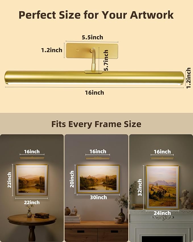 EZVALO Picture Lights for Wall, 16" Rechargeable 6000mAh Painting Lights with Remote, Wireless Dimmable 3 Color Temps Art Lights for Gallery, Living Room, Hallway (Gold, 2Pack)